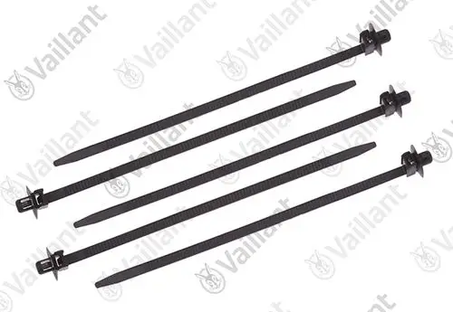 Schwarze Kabelbinder von Vaillant, vier Stück, mit schmalen Befestigungsköpfen und rillenstrukturierter Oberfläche, geeignet für vielseitige Befestigungsanwendungen.